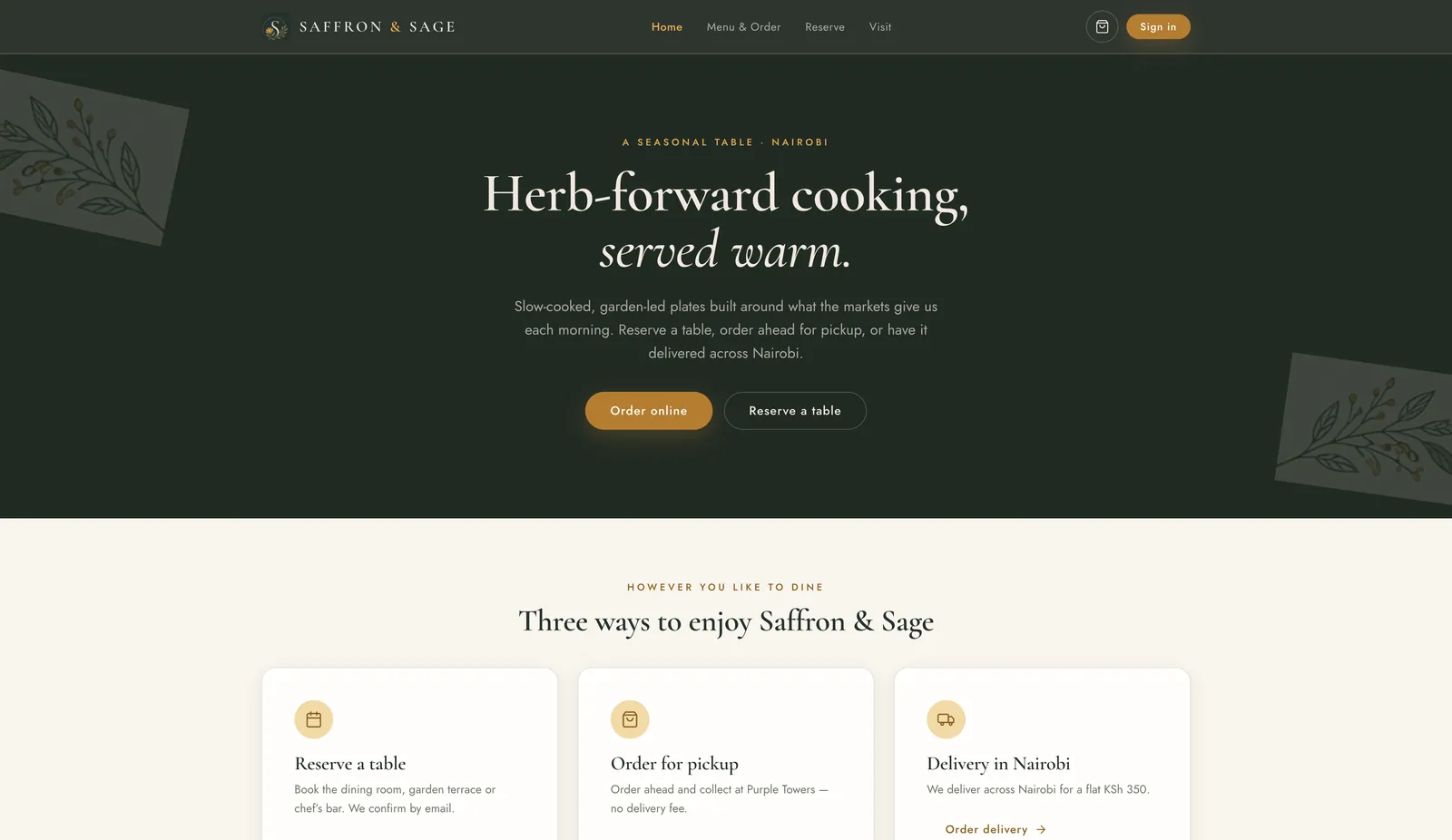 Saffron & Sage, home screen