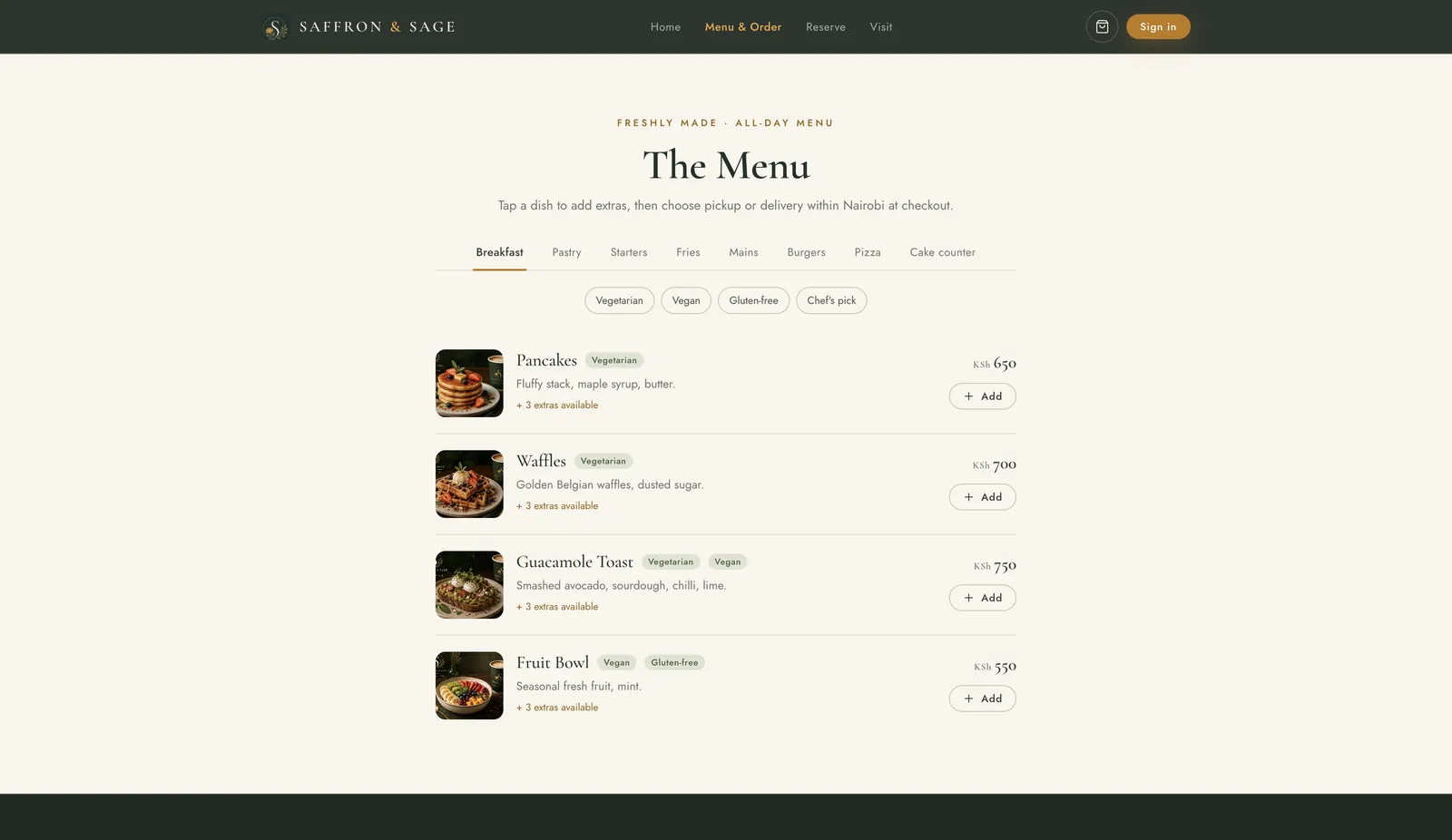 Saffron & Sage restaurant website, menu and ordering page