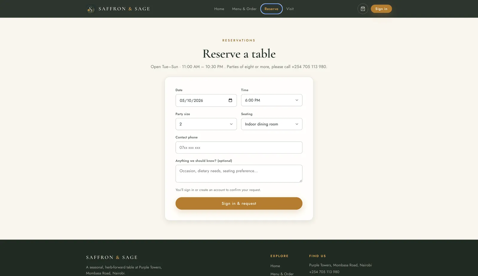 Saffron & Sage, reservations screen
